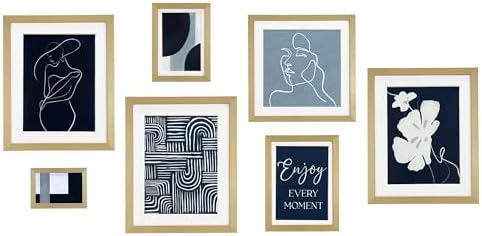 ArtbyHannah Gallery Wall Art Framed - Set of 7 Blue Abstract Picture Frames Collage Wall Decor, Gold Frame with Extra Prints for Living Room Decor