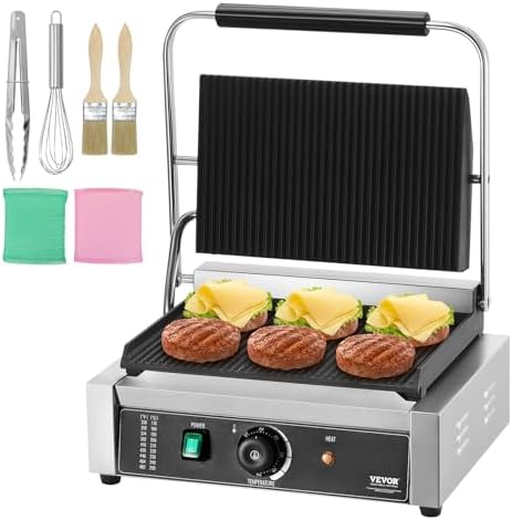 VEVOR Commercial Panini Grill, 1800W Electric Sandwich Panini Maker, Stainless Steel Sandwich Press, Panini Grill with Temp Control & 14"x9" Full Grooved Enamel Plate, for Hamburger Steak Bacon