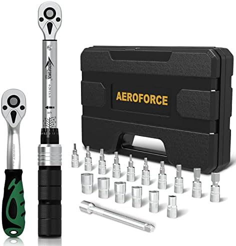 AEROFORCE 19Pcs 1/4-inch Drive Click Torque Wrench Set（4-20 Lb.ft/5.4-27.2 Nm）, with Sockets, Hex, Torx, Extension Bar, 1/4 Ratchet Wrench for Bicycle Motorcycle Car