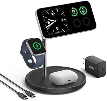 Anker MagSafe-Compatible Wireless Charging Stand, MagGo 3 in 1 Wireless Charging Station, Qi2 Certified 15W Wireless Charger for iPhone 15/15 Pro/14/13/12, Apple Watch, AirPods