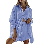 Fixmatti Women 2 Piece Outfits Long Sleeve Button Down Blouse and Shorts Sweatsuit Sets