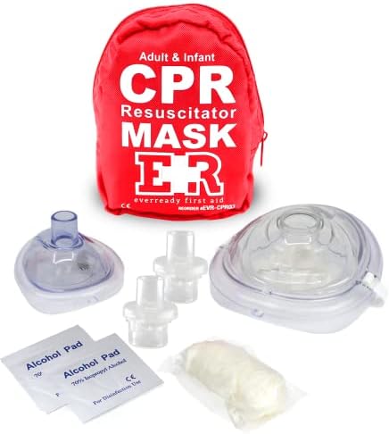 Ever Ready First Aid Adult and Infant CPR Mask Combo Kit with 2 Valves with Pair of Vinyl Gloves & 2 Alcohol Prep Pads - Red