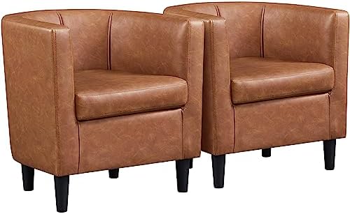 Yaheetech Accent Chair, PU Leather, Modern and Comfortable Armchairs, Upholstered Barrel Sofa Chair for Living Room Bedroom Waiting Room, 2PCS, Brown