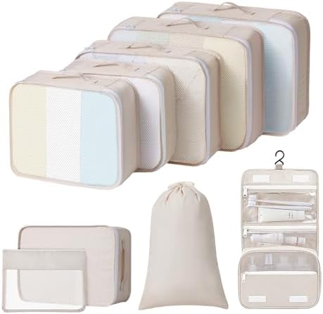 Easortm Packing Cubes for Travel - 9 Set Packing Cubes for Suitcase Large Travel Cubes Luggage Organizer Bags Set With Travel Laundry Bags/Shoe Bag/Toiletry Bag (Beige)