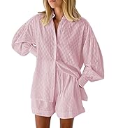 Fixmatti Women 2 Piece Outfit Casual Long Sleeve Button Down Top and Shorts Sweatsuit Set