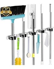 5 Racks and 4 Hooks Mop and Broom Holder Wall Mount, Broom Organizer Storage Tool Racks Stainless Steel Heavy Duty Hooks Self Adhesive Solid Non-slip for Home Kitchen Garden Laundry Garage