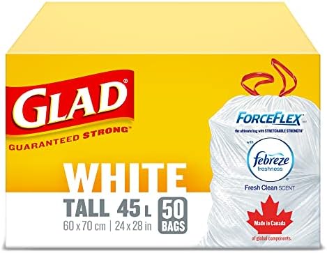 Glad White Garbage Bags - Tall 45 Litres - ForceFlex, Drawstring, with Febreze Fresh Clean Scent, 50 Trash Bags, Made in Canada of Global Components
