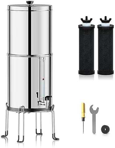 Purewell 3-Stage 0.01μm Ultra-Filtration Gravity Water Filter System, 304 Stainless Steel Countertop System with 2 Filters, Metal Water Level Spigot and Stand, Reduce 99% Chlorine, 2.25G, PW-OB-K