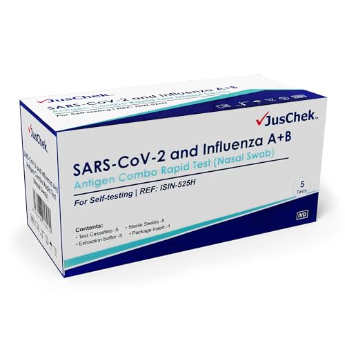 JusChek 3-in-1 Combo Test 5 PACK, Influenza Flu A+B and COVID-19 Rapid Antigen Test Kit - Nasal Swab