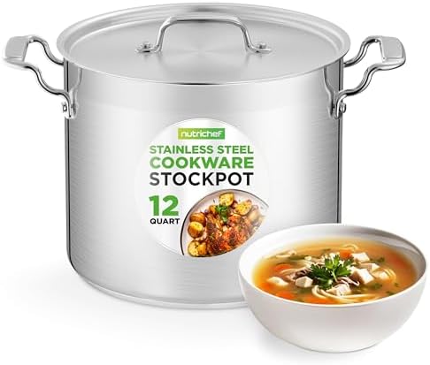 12-Quart Stainless Steel Stockpot - 18/8 Food Grade Heavy Duty Large Stock Pot for Stew, Simmering, Soup, includes Lid, Dishwasher Safe, Works w/Gas, Induction, Ceramic & Halogen Cooktops