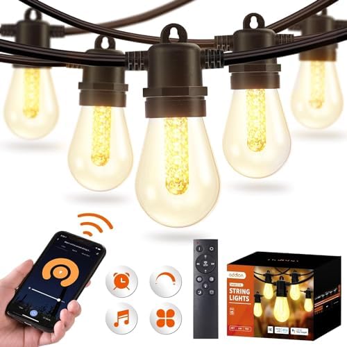 addlon 48FT Smart Outdoor String Lights with Remote, Dimmable Patio Lights with 15 LED Edison Waterproof Bulbs, String Lights for Outside Works with APP, Music Sync Outdoor Lights for Gazebo Backyard