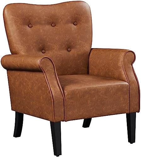 Yaheetech Modern Armchair, Mid Century PU Leather Accent chair with Sturdy Wood Legs and High Back for Small Space, Upholstered Sofa Club Chair for Living Room/Bedroom/Office, Retro Brown