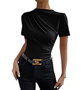 SweatyRocks Women's Casual Short Sleeve Mock Neck Ruched Top Slim Fit Plain Tee Shirt