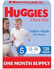 Huggies Ultra Dry Nappies Boys Size 5 (13-18kg) 128 Count - One Month Supply (Packaging May Vary)