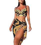 Narecte Women's 3 Piece Swimsuits BohoFeel Print Bikini Set with Cover Up Skirt Sexy Swimsuit Bat...