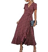 PRETTYGARDEN Womens Summer Wrap Maxi Dress Casual Boho Floral V Neck Short Sleeve Ruffle Hem Spli...