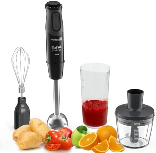 Tefal Optichef Hand Blender, 20 speeds adjustable and pulse, Powelix Blades Technology, 800ml beaker, 1000 W Motor, 500 ml Chopper, Dishwasher Safe Parts HB643842, Black