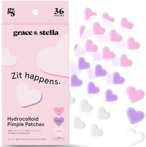 grace & stella Pimple Patches For Face (Heart, 36 Count) - Hydrocolloid Acne Patches for Face - Dermatologist Tested, Vegan, Cruelty-Free Zit Patches for Face, Blemish Patches, Pimple Stickers