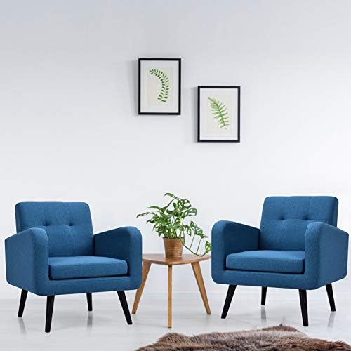 Giantex Upholstered Accent Chair Set of 2, Modern Mid Century Linen Fabric Living Room Chair with Arms, Max Load 265 Lbs, Comfy Tufted Single Sofa for Reading, Bedroom, Office, Club, Blue