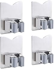 4 Pack Mop Broom Holder Racks 304 Stainless Steel Self Adhesive Heavy Duty Wall Mounted Mop Organizer Storage Clip Multi-Used for Garage Kitchen and Bathroom