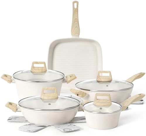 13Pcs Pots and Pans Set, Nonstick Cookware Sets, White Granite Induction Cookware Non Stick Cooking Set with Frying Pans & Saucepans(Non PFOS, PFOA)