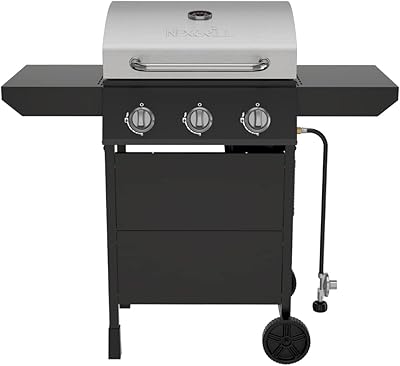 Nexgrill Premium 3 Burner Propane Barbecue Gas Grill, Side Table Open Cart with Wheels, Outdoor Cooking, Patio, Garden Barbecue Grill, 27000 BTUs, Black and Silver