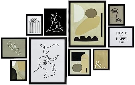 ArtbyHannah 10 Pack Black Gallery Wall Frame Set with Decorative Abstract Minimalist Prints, Picture Frame Set for Home Decor, Multi-Size 11x14-2PCS,8x10-4PCS, 6x8-4PCS
