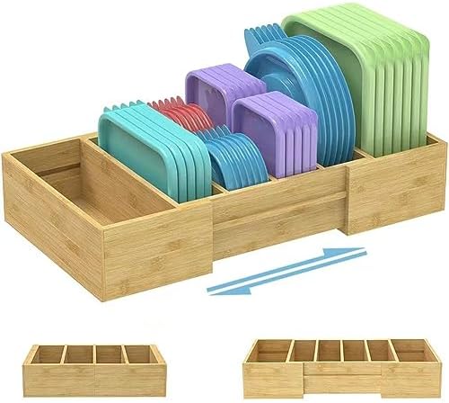 Retro Shaw Expandable Bamboo Food Container Lid Organizer for Cabinet, Adjustable Lid Organizer for Plastic Lids and Covers Storage, Lid Organizer Rack with Adjustable Dividers