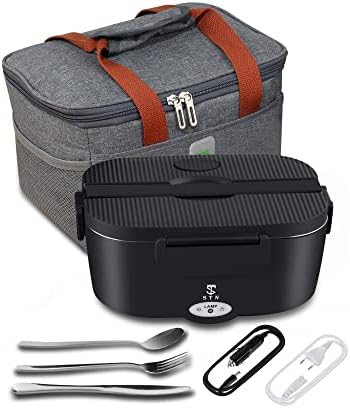 STN Lunch Box Chauffante 75W,Complètement Étanche Gamelle Chauffante Avec Sac Isolant De Haute Qualité et Couverts de grande taille Pour 24V/12V/220V Noir,gris