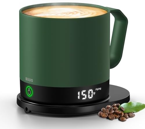 Temperature Control Smart Mug, Self-Heating Coffee Mug with Double-Sided & Real-Time Temperature LED Display, Surround Heating, Improved Waterproof Design, Gifts for Friends, Parents(Green – 14 oz)