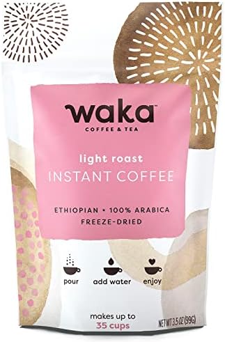 Waka Premium Instant Coffee Light Roast, 35 Servings in a Resealable Bag, 100% Arabica Beans, Freeze Dried Granules, For Hot or Iced Coffee