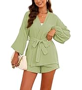 Fixmatti 2 Piece Short Sets for Women Summer V Neck Long Sleeve High Waisted Shorts Lounge Sets w...