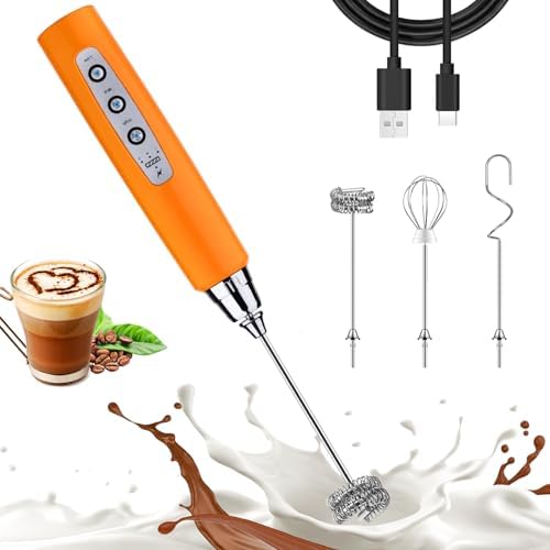 Nahida Orange Milk Frother Wand for Coffee, Frother Handheld Rechargeable Electric Whisk with 3 Heads 3 Speeds Drink Mixer Coffee Frother Foam Maker For Latte, Cappuccino, Hot Chocolate, Egg