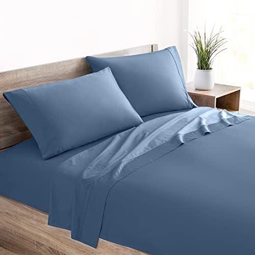 Mellanni 400 Thread Count Queen Bed Sheets Set - 100% Cotton Sateen Weave - 4 Piece Queen Sheets Cotton Set - Fits Queen Mattresses up to 16" - Seteen Bed Sheets Queen Size Set (Queen, Denim Blue)