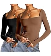 Abardsion 2 Piece Square Neck Tops for Women Slim Fit Double Layer Fall Long Sleeve Crop Top T Sh...