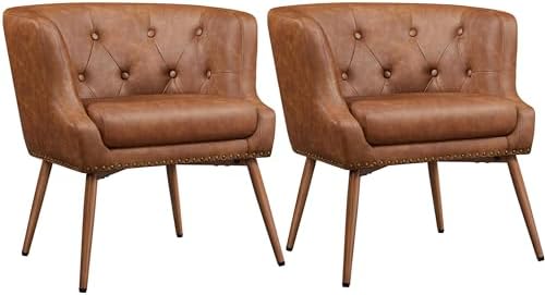 Yaheetech Modern Accent Chair, PU Leather Retro Armchair, Upholstered Barrel Chair with Metal Leg and Comfy Seat Cushion for Living Room Bedroom, Retro Brown, Set of 2