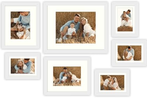 Golden State Art, Gallery Wall Frames, 11x14, 8x10, 5x7 Multiple Photo Frames Collage for Wall or Tabletop Displays with Mat or Without Mat (White, 7 Pack)