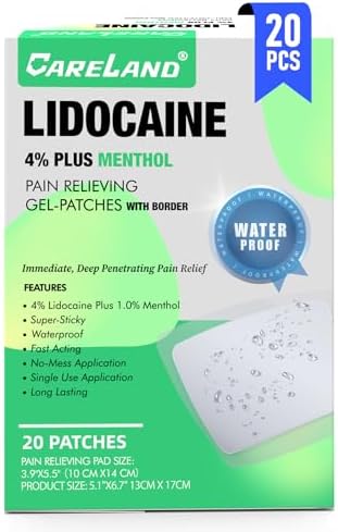 CARELAND 4% Lidocaine Patches Plus 1% Menthol, 20 Pcs Waterproof Maximum Strength Back Pain Relief Products Patches with Border, for Neck Knee Nerve Shoulder Pain Relief Muscle Relaxer, Super Sticky