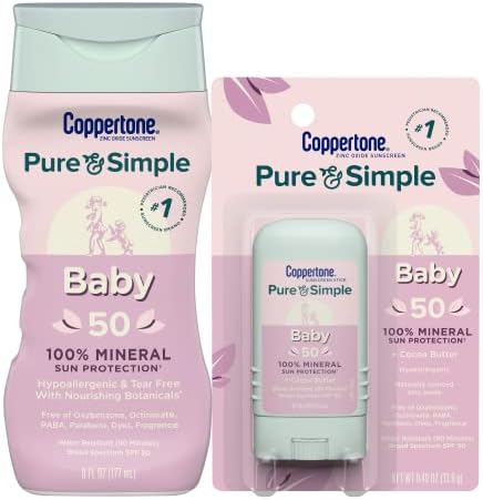 Coppertone Pure and Simple Baby Mineral Sunscreen Pack, Hypoallergenic and Tear Free Sunscreen for Babies, Baby Sunscreen Lotion SPF 50, 6 Fl Oz Bottle + Baby Sunscreen Stick SPF 50, 0.49 Oz