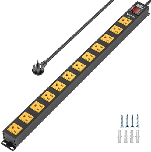 Heavy Duty Long Power Strip with Mountable Kit, 12 Outlets Surge Protector Power Strip with Flat Plug, 2100J, 15A Circuit Breaker, 6FT