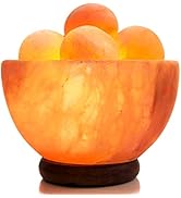 UMAID Himalayan Salt Lamp Bowl with 6 Pink Salt Massage Balls, Modern Wood Base, Bulb and Dimmabl...