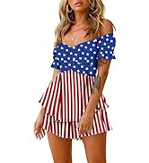 Fixmatti Women's Color Block Romper Off The Shoulder Short Sleeve Ruffle Jumpsuits Playsuit