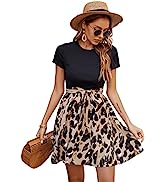 SweatyRocks Women's Graphic Short Sleeve Belted Mini Dress A Line Flared Skater Dresses