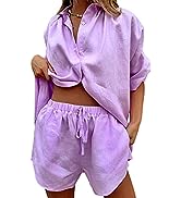 Fixmatti Women 2 Piece Outfit Linen Short Set V Neck Short Sleeve Top and Shorts Sweatsuit