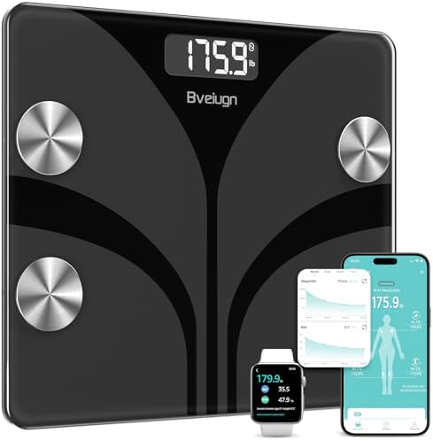 Scale for Body Weight, Bveiugn Digital Bathroom Smart Scale LED Display, 13 Body Composition Analyzer Sync Weight Scale BMI Health Monitor Sync Apps 400lbs - Black