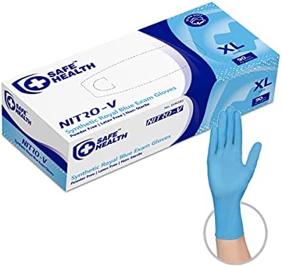 Safe Health NITRO-V Nitile-Vinyl Synthetic Exam Disposable Gloves, Latex Free, Powder Free, Blue, Box of 90, XL, Medical Grade, Clinic, Nursing, Food, Hair Salon, Cleaning, Housework