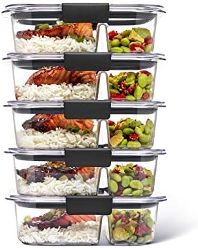 Rubbermaid 5-Piece Brilliance Food Storage Containers for Meal Prep with 2 Compartments and Lids, Dishwasher Safe, 2.85-Cup(675ml), Clear/Grey, 5 count (Pack of 1)