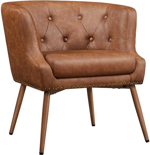 Yaheetech Modern Accent Chair, PU Leather Retro Armchair, Upholstered Barrel Chair with Metal Leg and Comfy Seat Cushion for Living Room Bedroom, Retro Brown