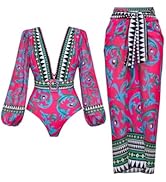 FLAXMAKER Women One Piece Long Sleeve Peacock Totem Print Deep V Neck Belt Two Piece Set Bathing ...