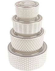 KooK Ceramic Nesting Bowls with Lids, Embossed, Food Storage Containers, Kitchen Bowl Set, For Prep, Mixing and Serving, Microwave and Dishwasher Safe, Set of 4, Narbonne Collection